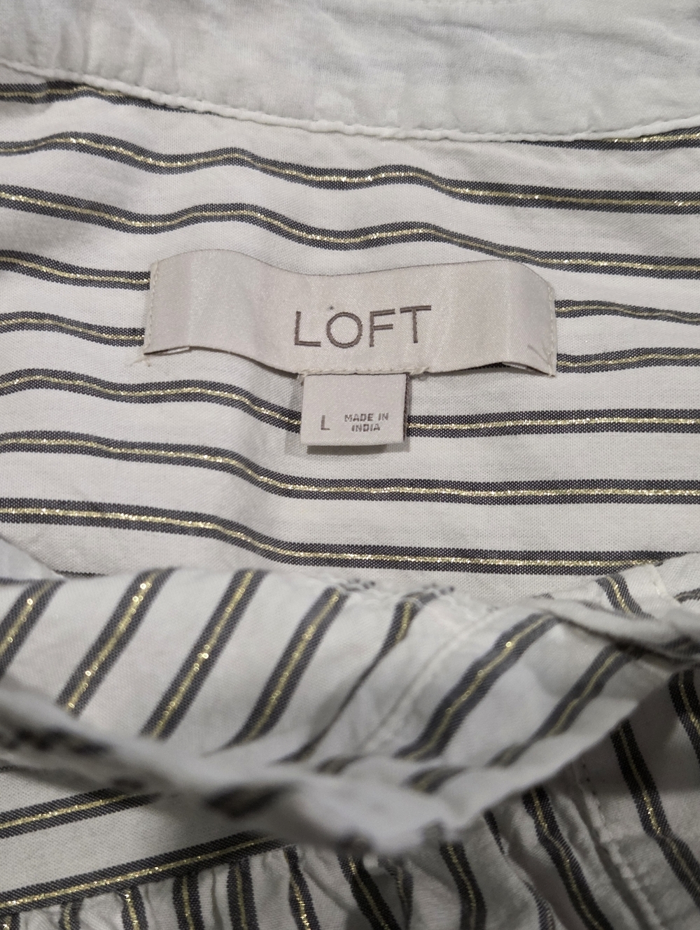 LOFT Cream and Gray Striped Button-Down Top With Gold Metalic Thread - Picture 7 of 8